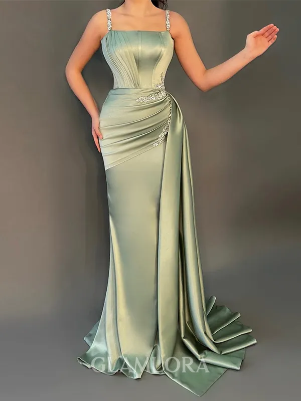 Unique Sheath Straps Pleated Floor-Length Silk Like Satin Evening Dress