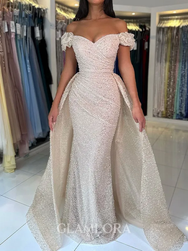 Stunning Sheath Off-the-Shoulder Pleated Sweep Train Evening Dress With Detachable Train