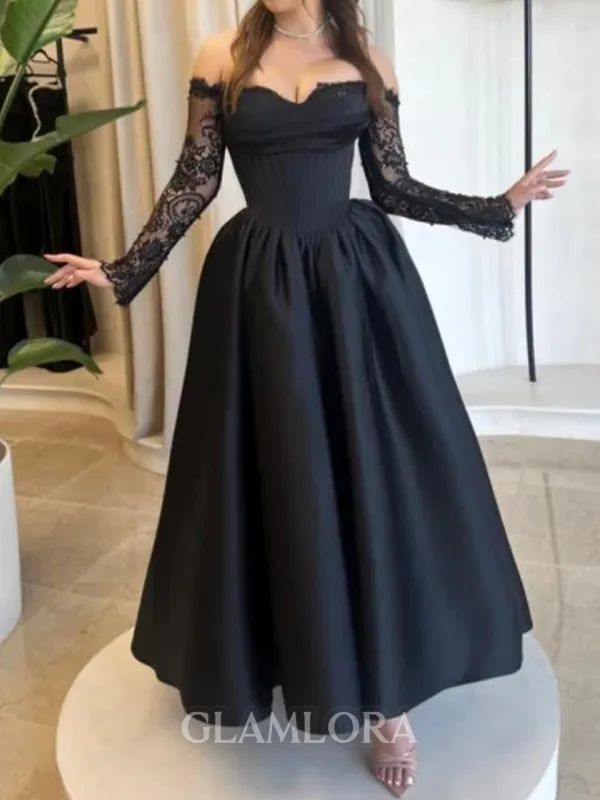 Striking A-line Sweetheart Long Sleeves Ruffles Ankle-Length Satin Corset Evening Dress