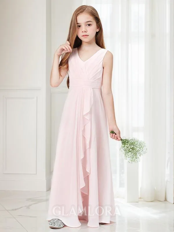 A-line Charming V-Neck Sleeveless Floor-Length Chiffon Junior/Girls Bridesmaid Dress