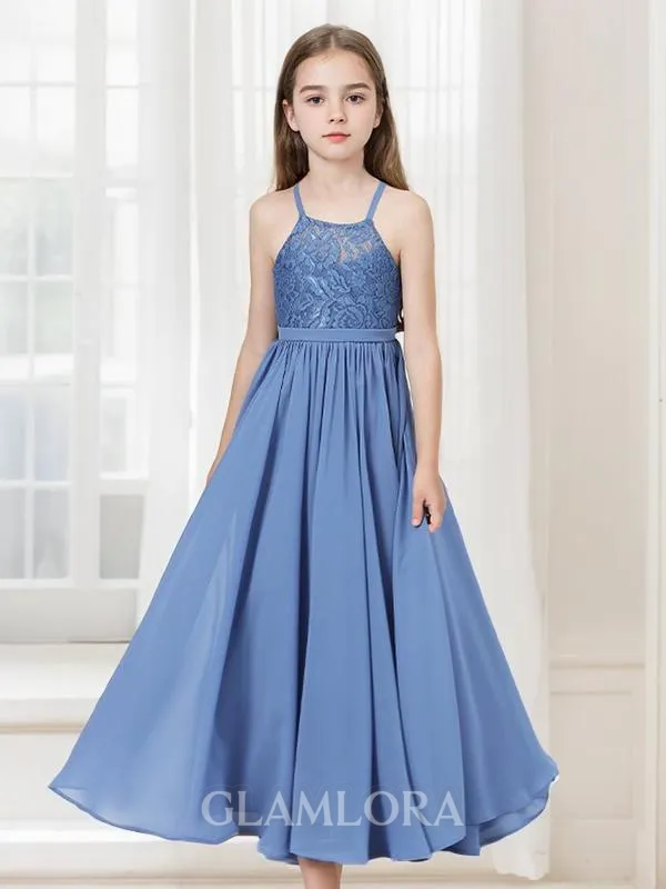 A-line Halter Sleeveless Sweet Floor-Length Chiffon Junior/Girls Bridesmaid Dress