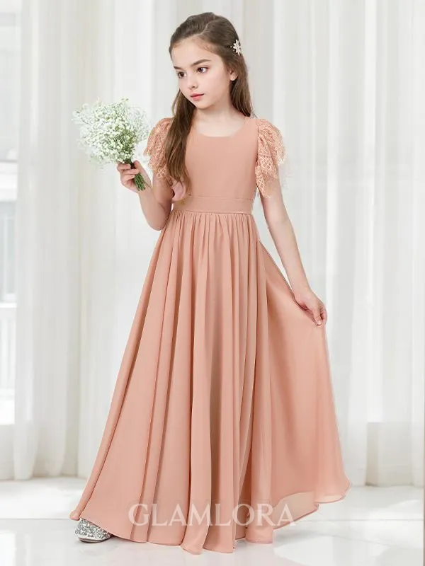 A-line Enchanting Scoop Short Sleeves Floor-Length Chiffon Junior/Girls Bridesmaid Dress
