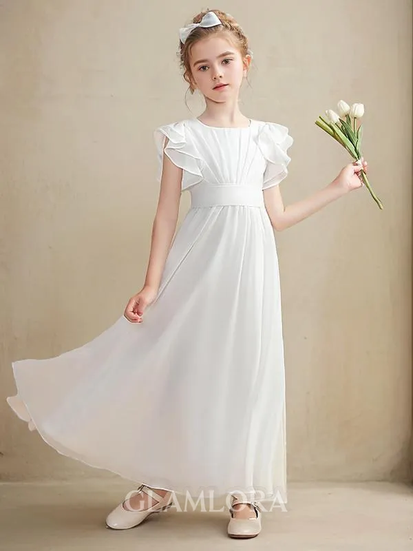 A-line Scoop Graceful Short Sleeves Ankle-Length Chiffon Junior/Girls Bridesmaid Dress