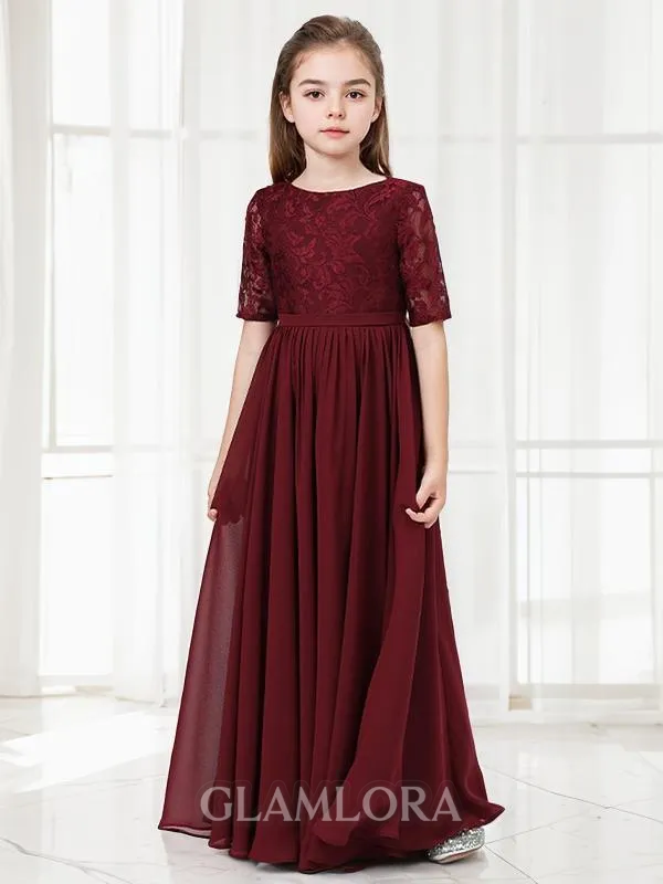 A-line Scoop 1/2 Sleeves Floor-Length Chiffon Celebratory Junior/Girls Bridesmaid Dress