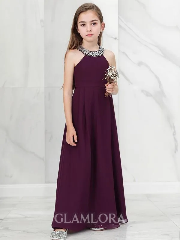 Petite A-line Jewel Sleeveless Floor-Length Chiffon Junior/Girls Bridesmaid Dress