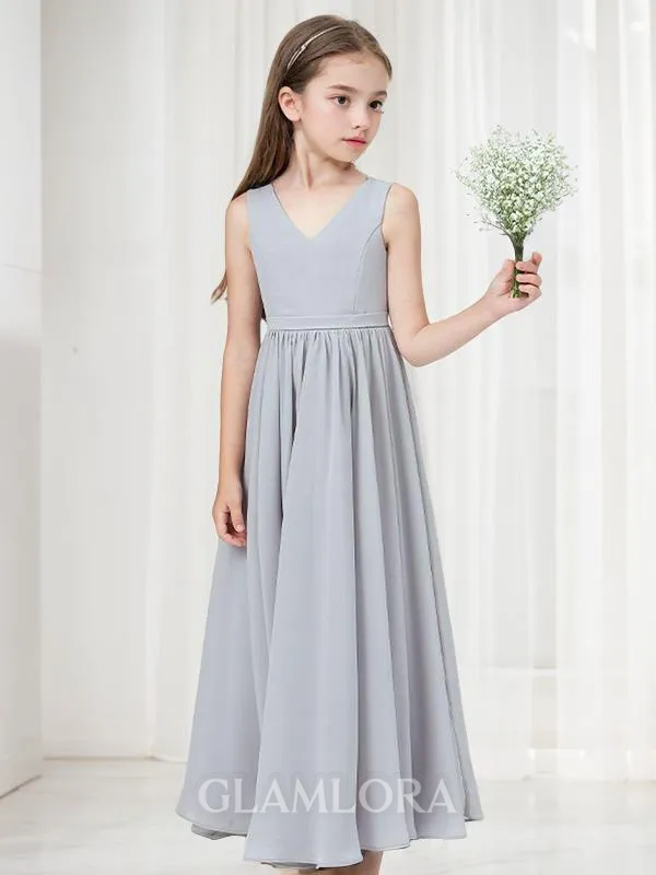 A-line Playful V-Neck Sleeveless Ankle-Length Chiffon Junior/Girls Bridesmaid Dress