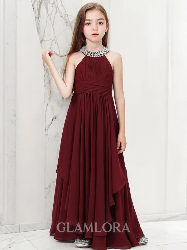 A-line Jewel Joyful Sleeveless Floor-Length Chiffon Junior/Girls Bridesmaid Dress