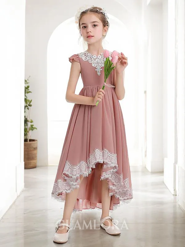 A-line Scoop Short Sleeves Sparkling Asymmetrical Chiffon Junior/Girls Bridesmaid Dress