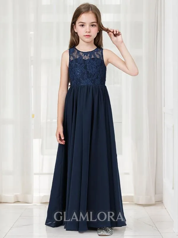 A-line Scoop Sleeveless Floor-Length Dreamy Chiffon Junior/Girls Bridesmaid Dress