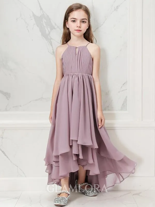 A-line Halter Sleeveless Asymmetrical Celebratory Chiffon Junior/Girls Bridesmaid Dress