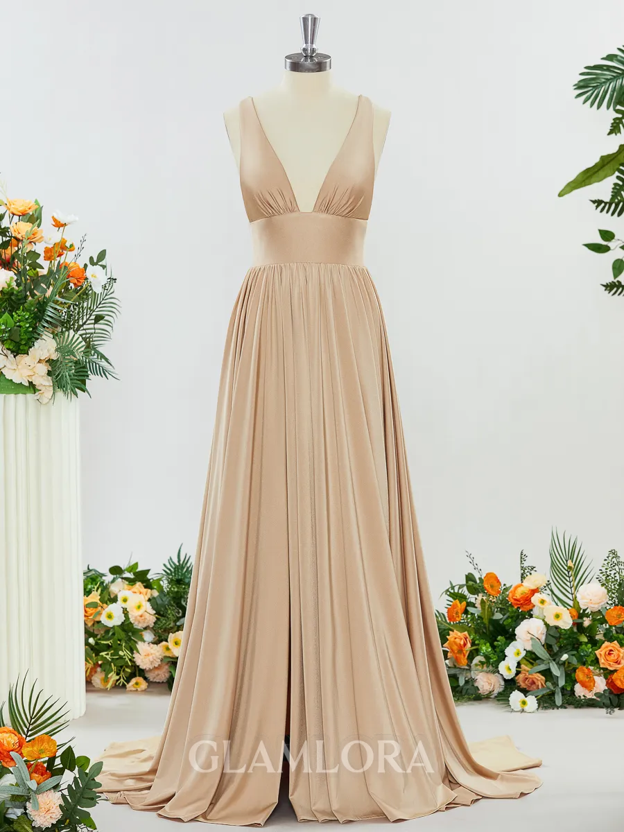 Trendy A-line V-neck Jersey Bridesmaid Dress With Slit