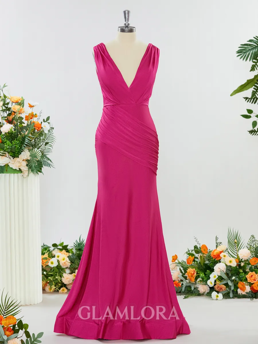 Trumpet/Mermaid Glam V-neck Jersey Bridesmaid Dress With Ruched