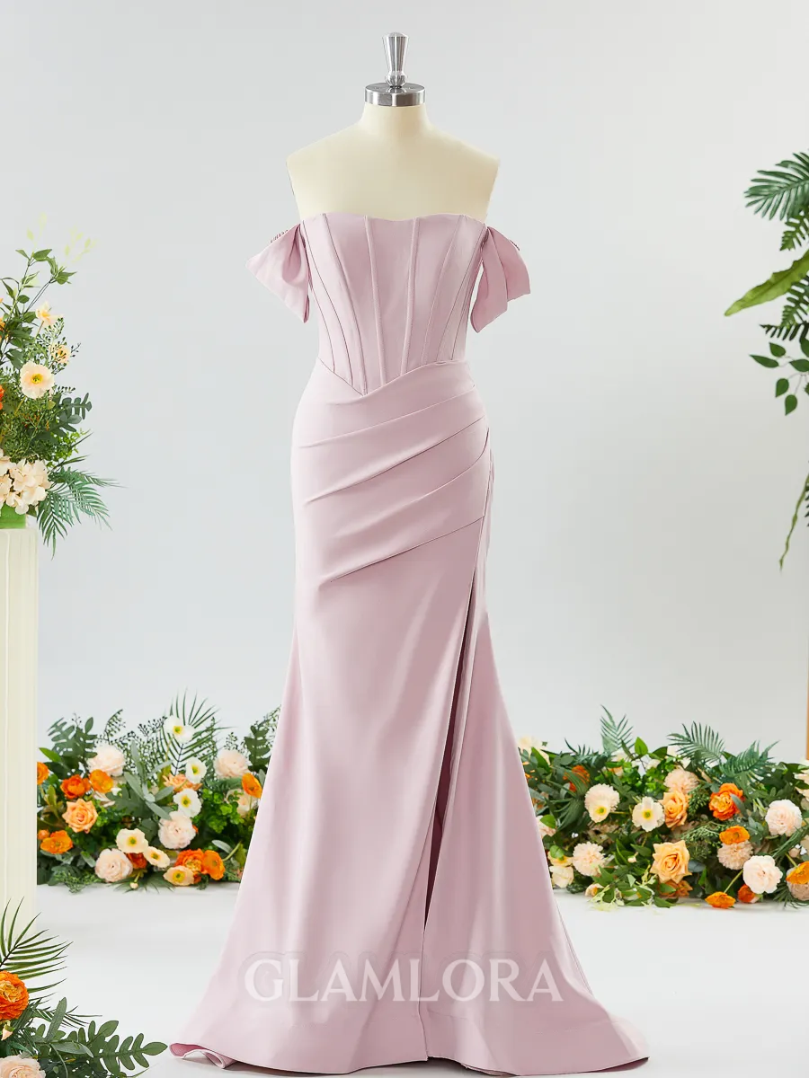 Sheath/Column Off-the-Shoulder Pretty Stretch Crepe Bridesmaid Dress With Slit