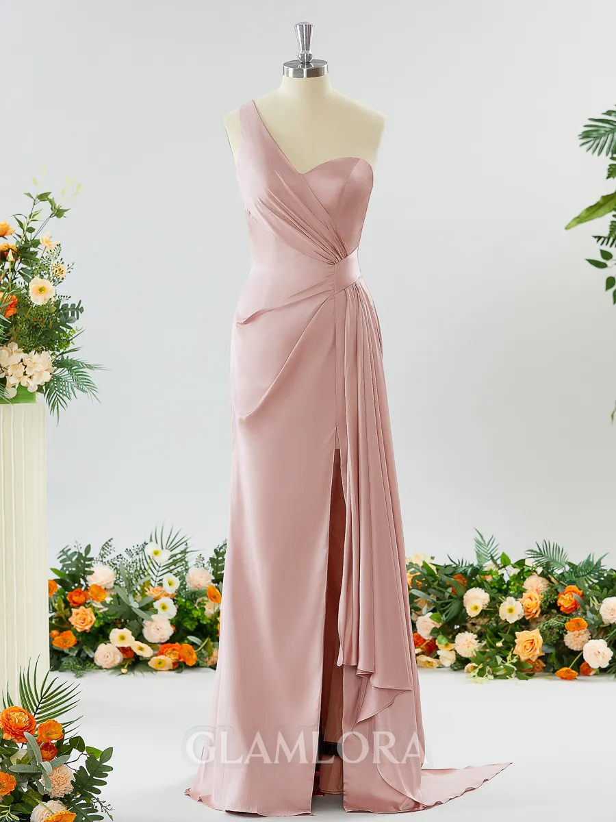 Sheath/Column Graceful One-Shoulder Silk like Satin Bridesmaid Dress With Slit