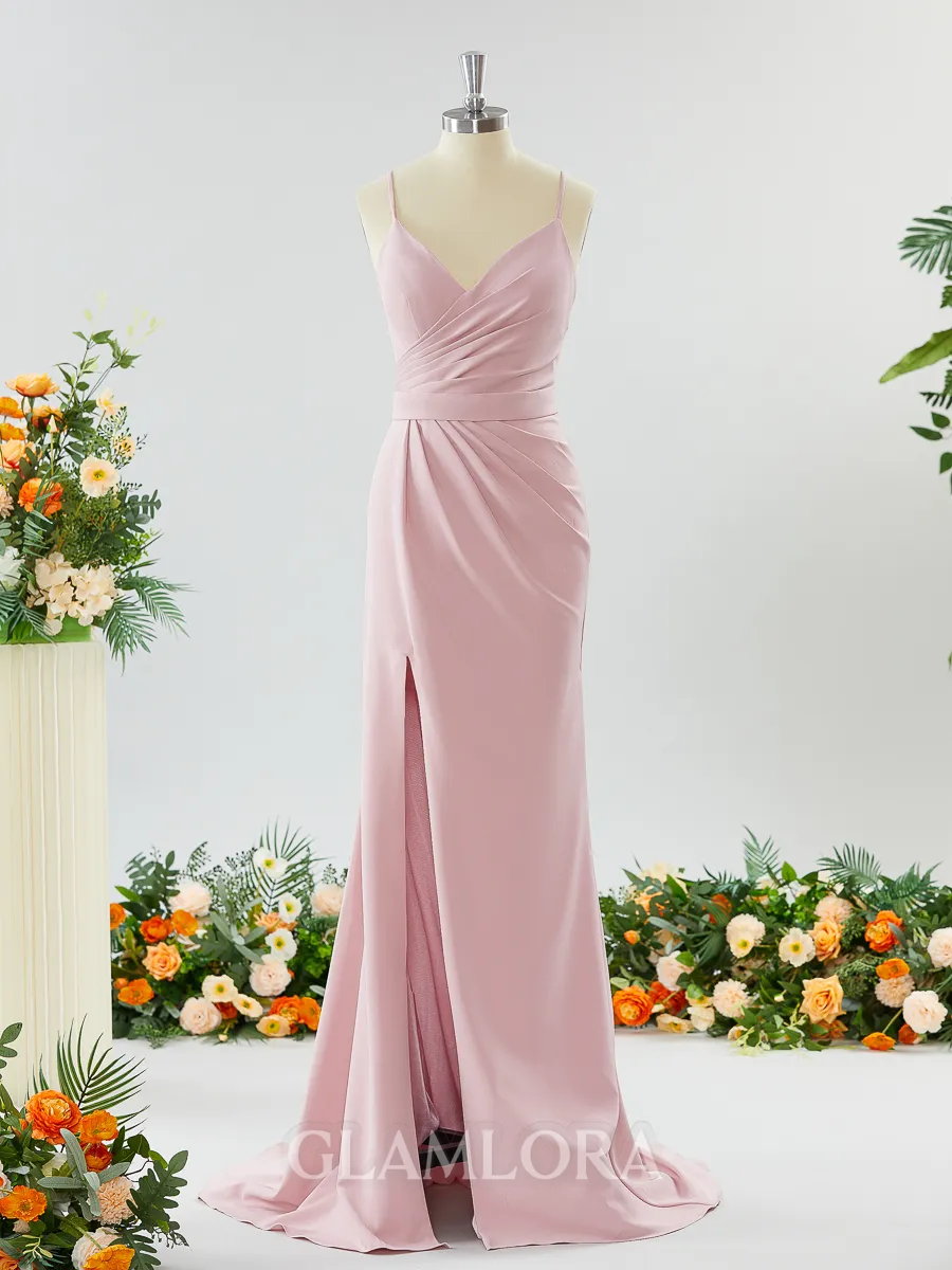 Sheath/Column Enchanting V-neck Stretch Crepe Bridesmaid Dress With Slit