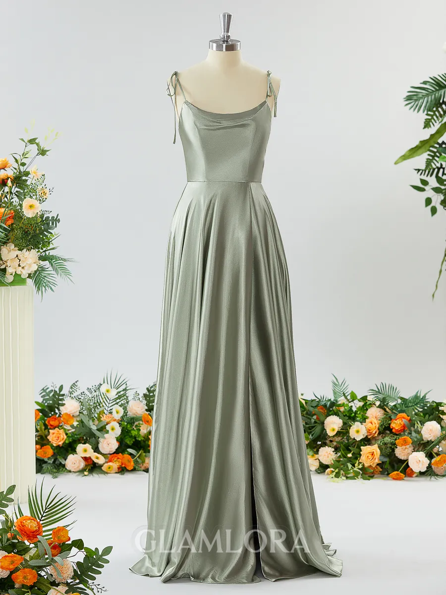 Show-stopping A-line Spaghetti Straps Silk Like Satin Bridesmaid Dress With Slit