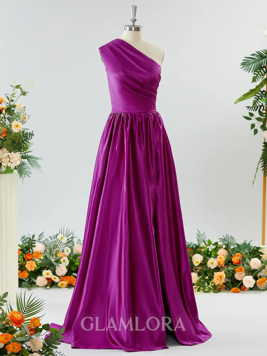 Mesmerizing A-line One-Shoulder Satin Bridesmaid Dress With Slit
