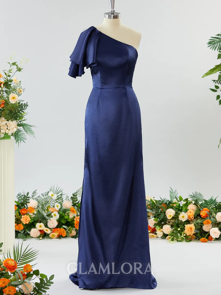 Sheath/Column Aristocratic One-Shoulder Silk like Satin Bridesmaid Dress With Ruffles