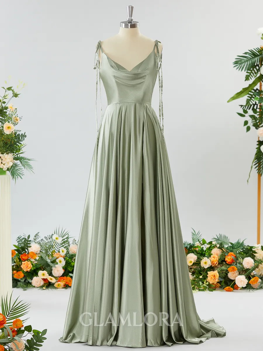 A-line Spaghetti Straps Extravagant Silk Like Satin Prom Dress Bridesmaid Dress With Slit Ruffles