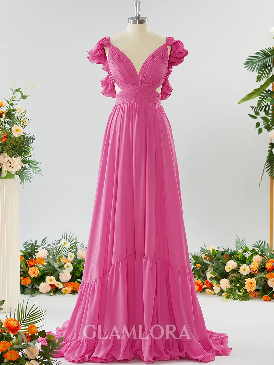 Stunning A-line V-neck Chiffon Bridesmaid Dress With Ruffles