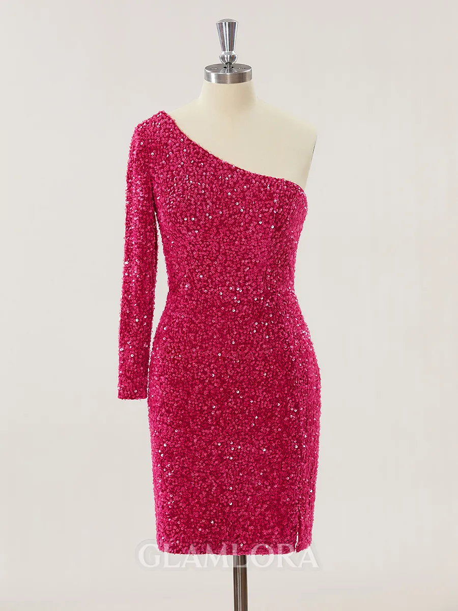 Sheath/Column One-Shoulder Glitter Long Sleeves Velvet Sequins Short/Mini Homecoming Dress