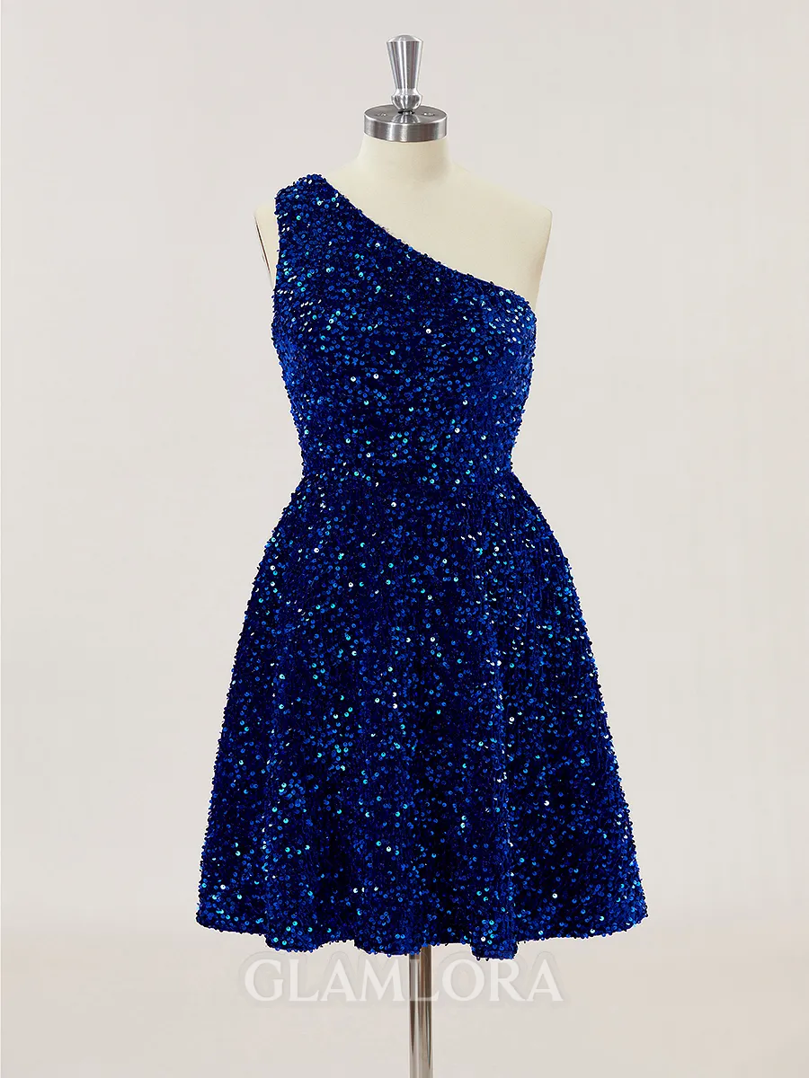 A-line One-Shoulder Shiny Open Back Velvet Sequins Short/Mini Homecoming Dress