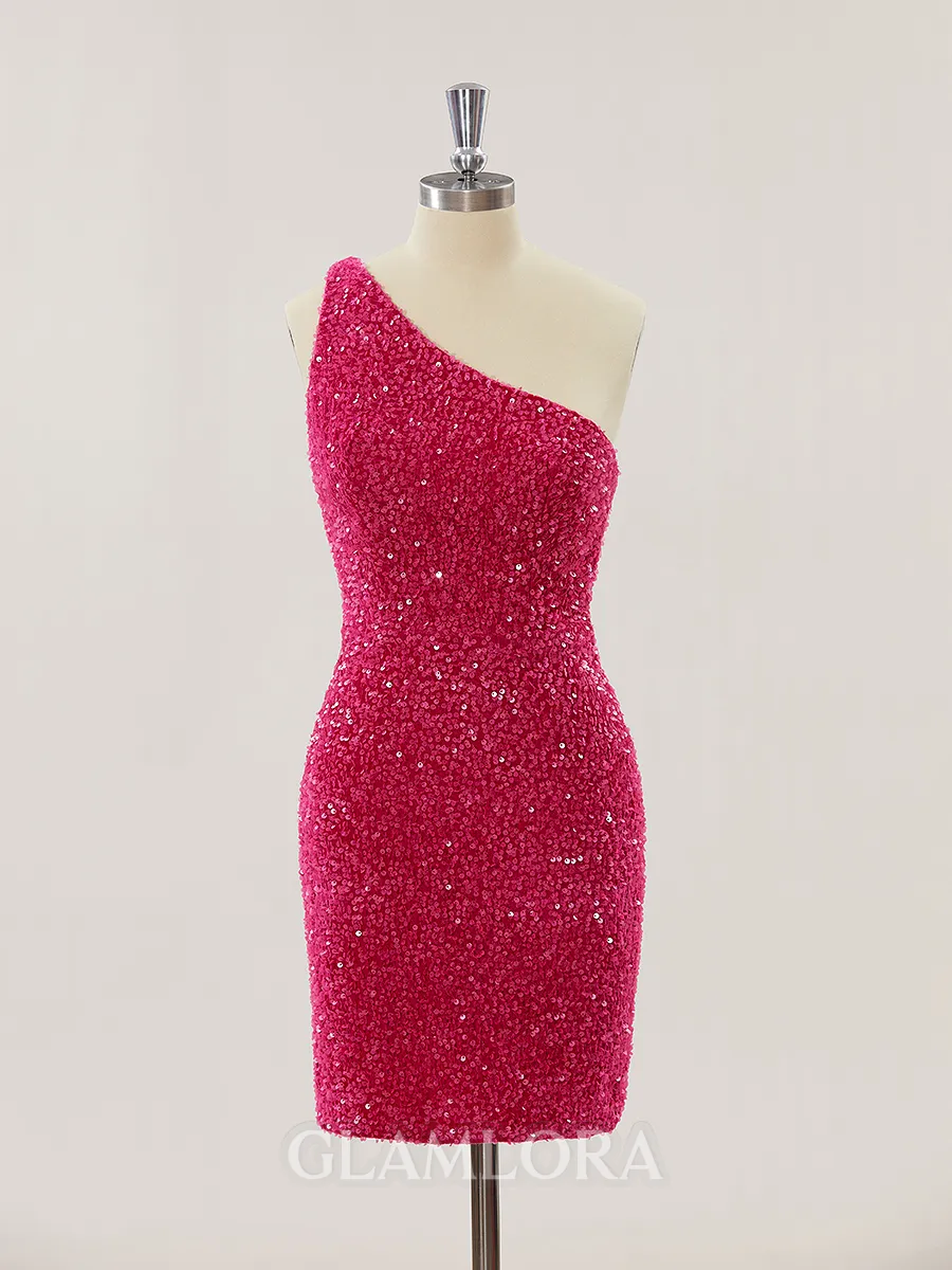 Sheath/Column Shimmery One-Shoulder Open Back Velvet Sequins Short/Mini Homecoming Dress