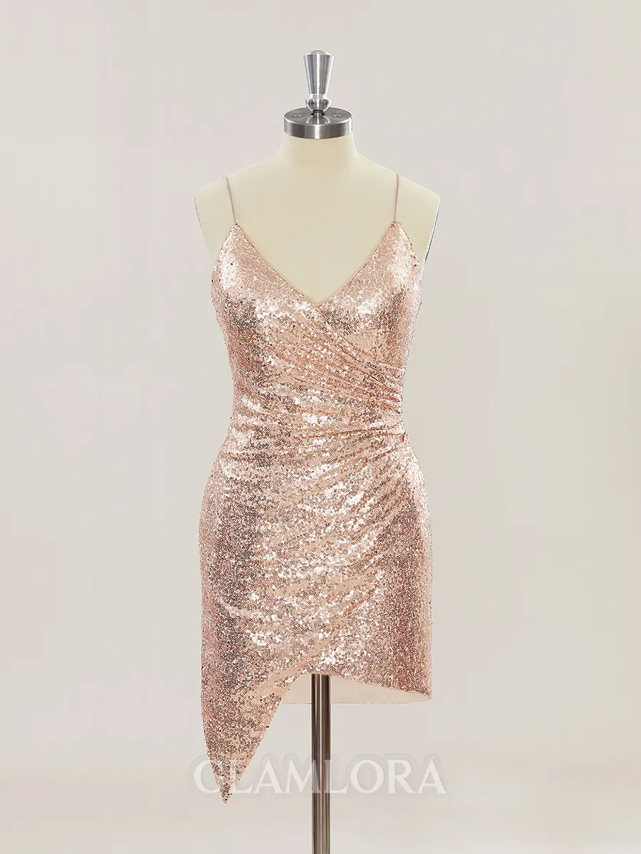 Sheath/Column Dazzling V-Neck Sequins Short/Mini Homecoming Dress With Pleated