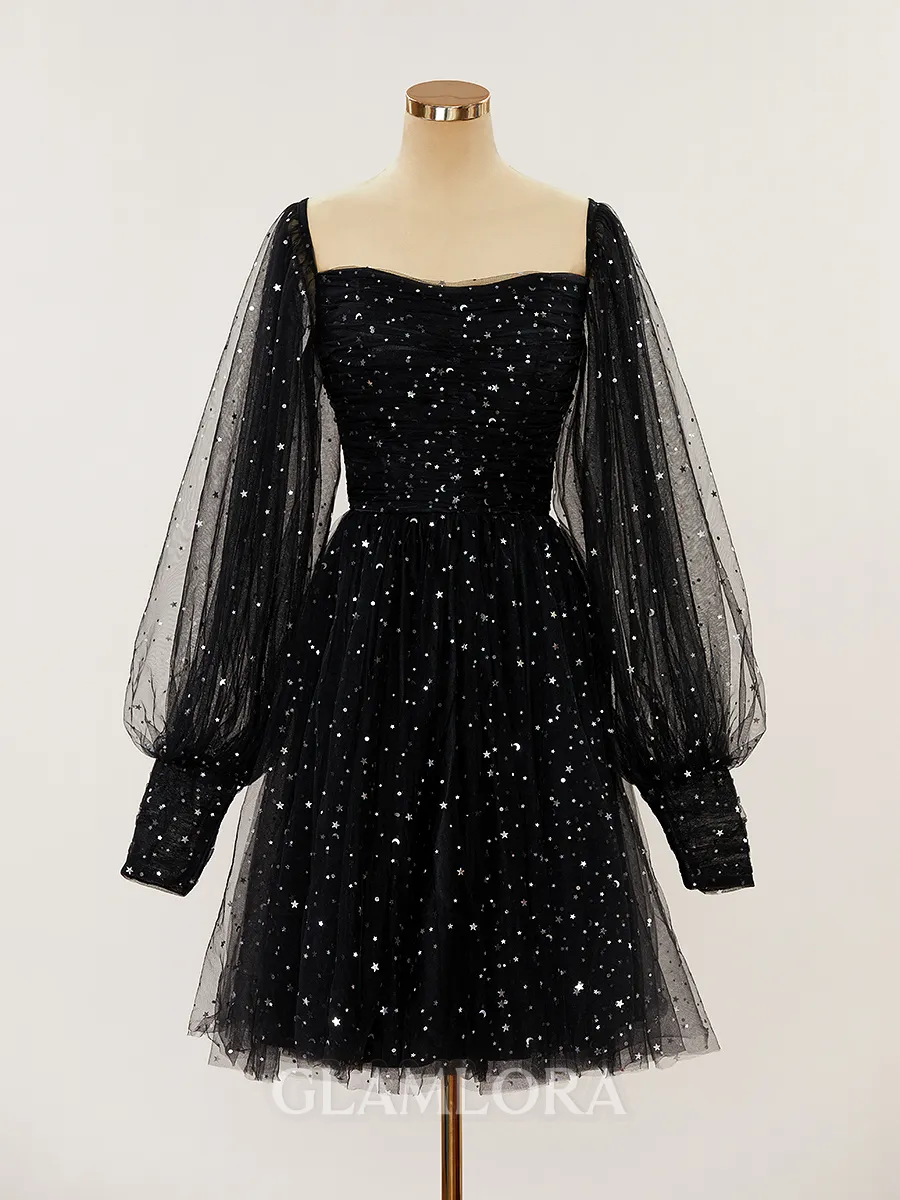 A-line Square Gleaming Long Sleeves Knee-Length Homecoming Dress With Sequins