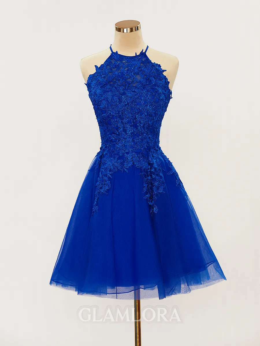 A-line Halter Elegant Tulle Short/Mini Homecoming Dress With Appliques Lace