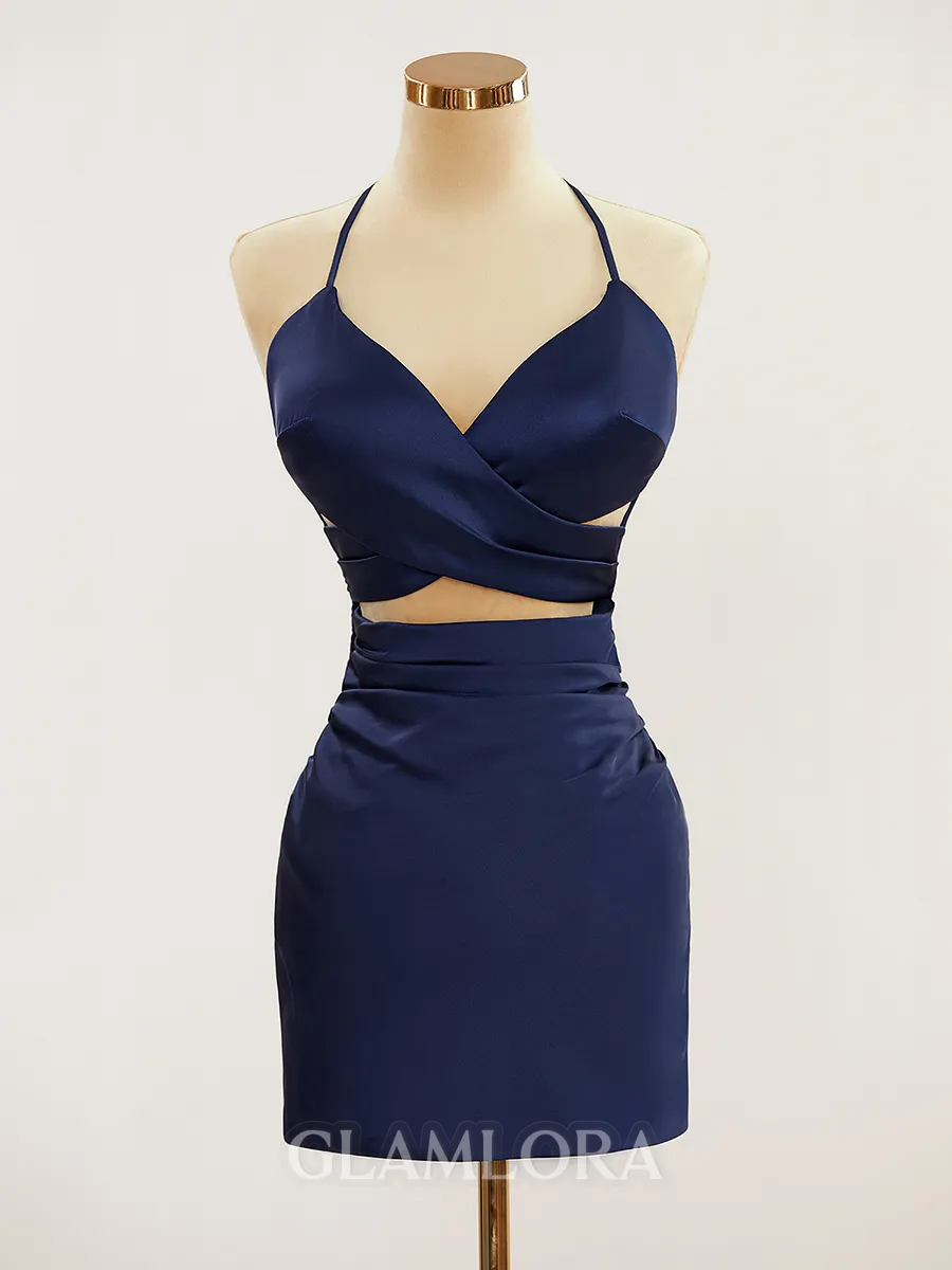 Sheath/Column V-Neck Open Back Slinky Silk like Satin Short/Mini Homecoming Dress With Pleated
