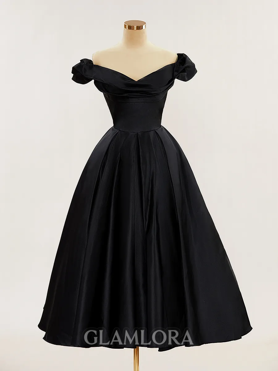 Perfect Ball-Gown Off-the-Shoulder Satin Tea-Length Homecoming Dress With Pleated