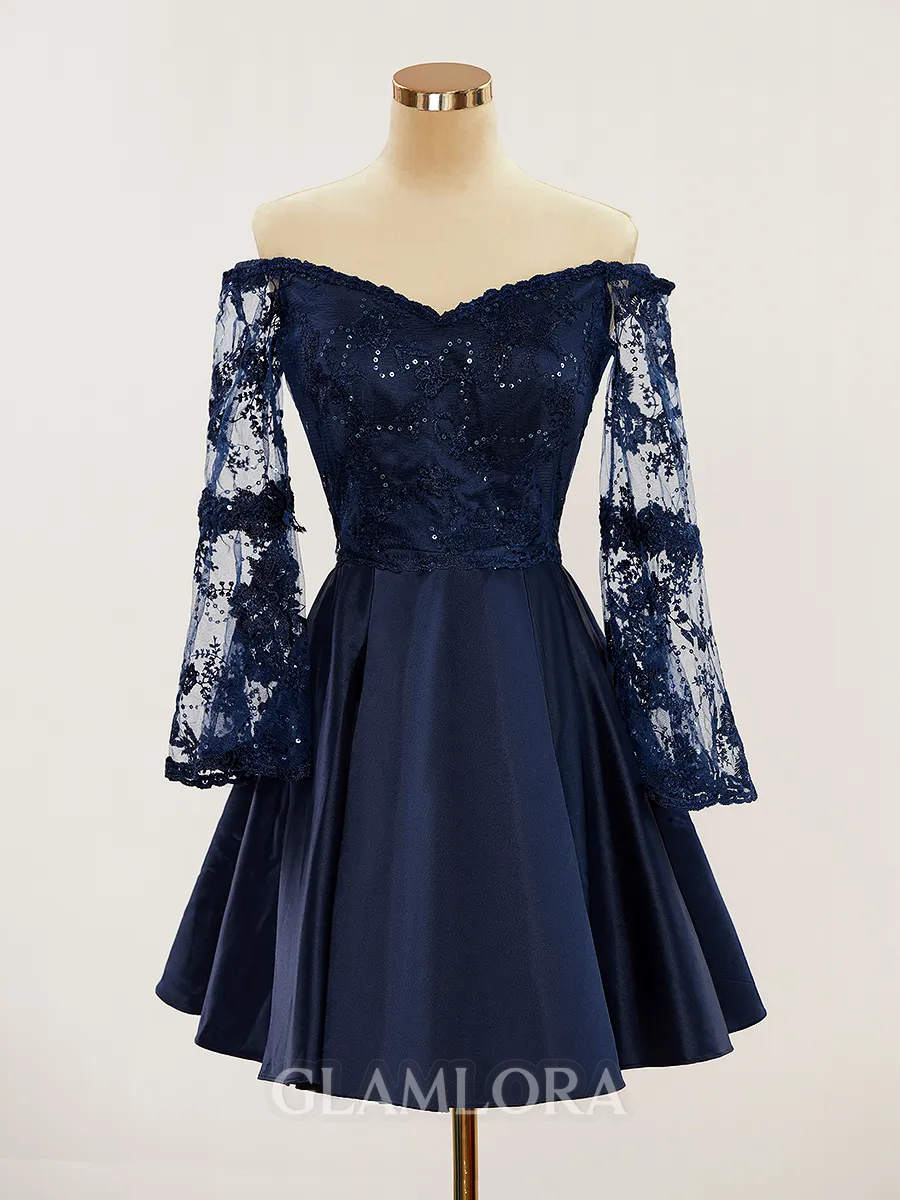 A-line Trendy Off-the-Shoulder Long Sleeves Satin Short/Mini Homecoming Dress With Appliques Lace