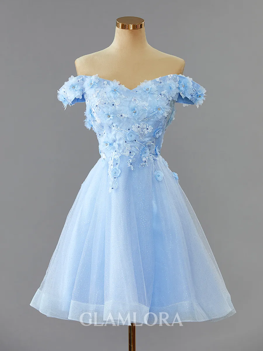 Unique A-line Off-the-Shoulder Tulle Short/Mini Homecoming Dress With Flower