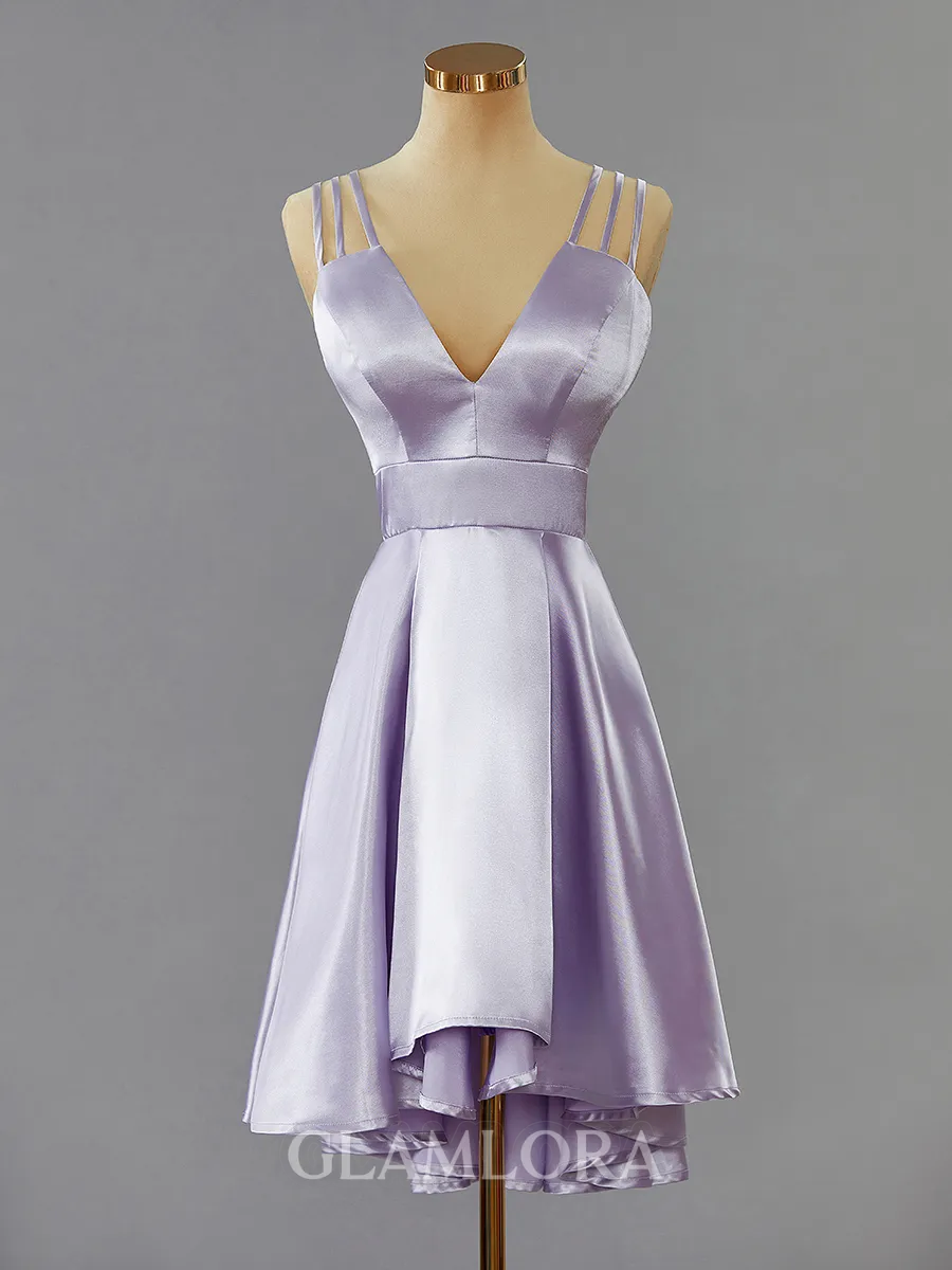 A-line Pretty V-Neck Open Back Silk like Satin Short/Mini Homecoming Dress With Pleated