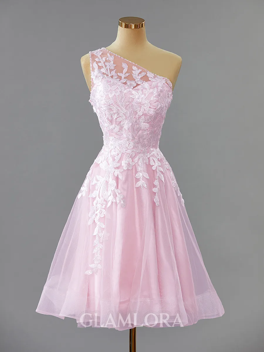 Charming A-line One-Shoulder Tulle Short/Mini Homecoming Dress With Appliques Lace