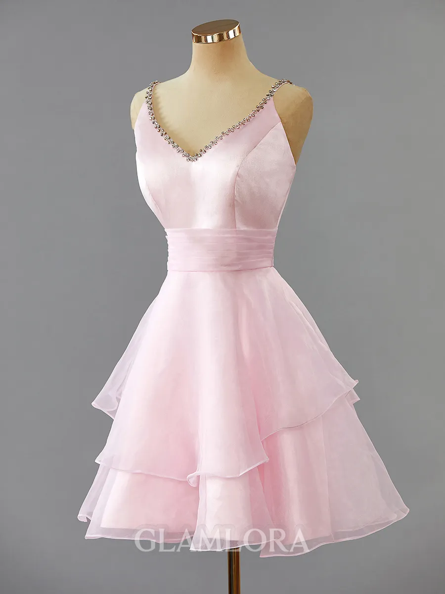 A-line V-Neck Delicate Organza Short/Mini Homecoming Dress With Beading