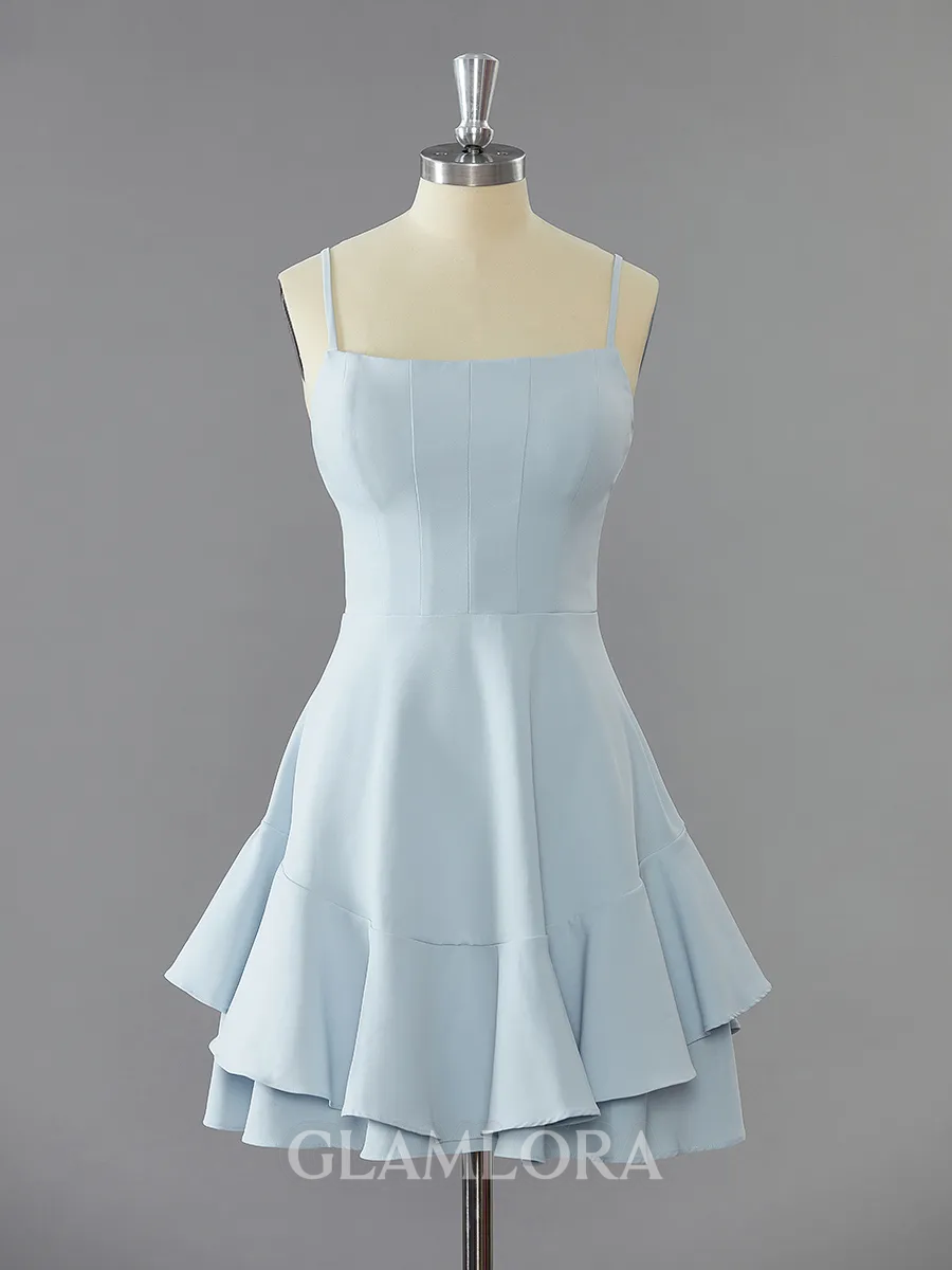 A-line Spaghetti Straps Dreamy Stretch Crepe Short/Mini Homecoming Dress With Cascading Ruffles