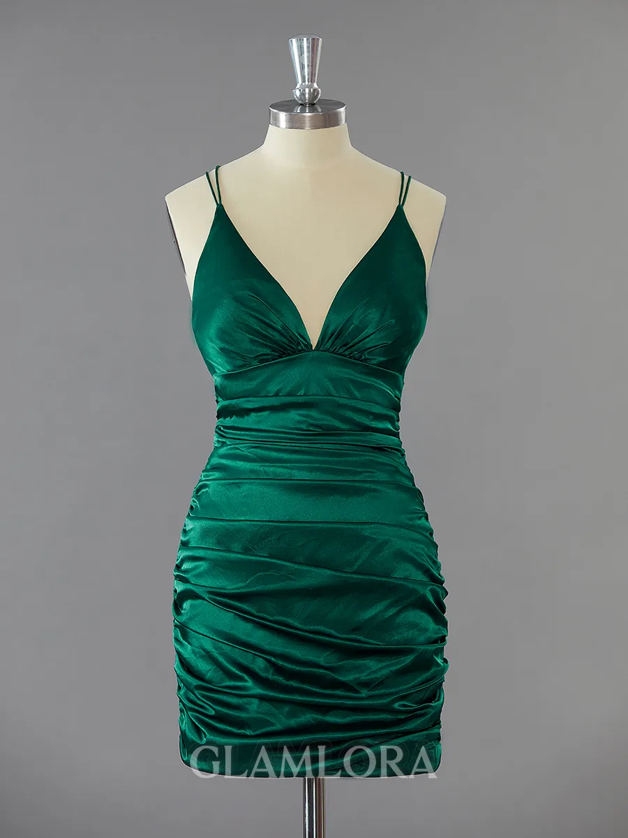 Fitted Sheath/Column V-Neck Open Back Silk Like Satin Short/Mini Homecoming Dress With Pleated