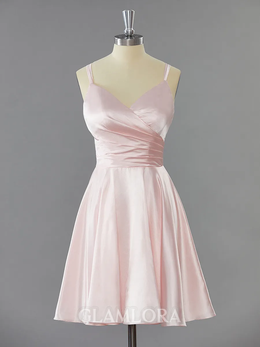 A-line Fashion V-Neck Open Back Silk Like Satin Short/Mini Homecoming Dress With Pleated