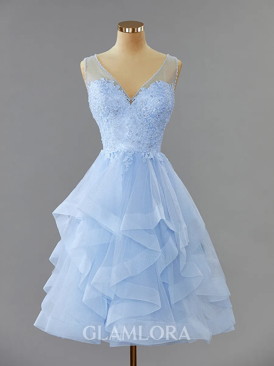 A-line V-Neck Exquisite Knee-Length Homecoming Dress With Ruffles