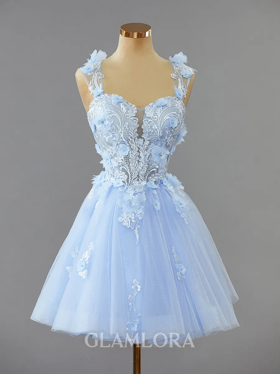 A-line Off-the-Shoulder Dazzling Tulle Short/Mini Homecoming Dress With Flower