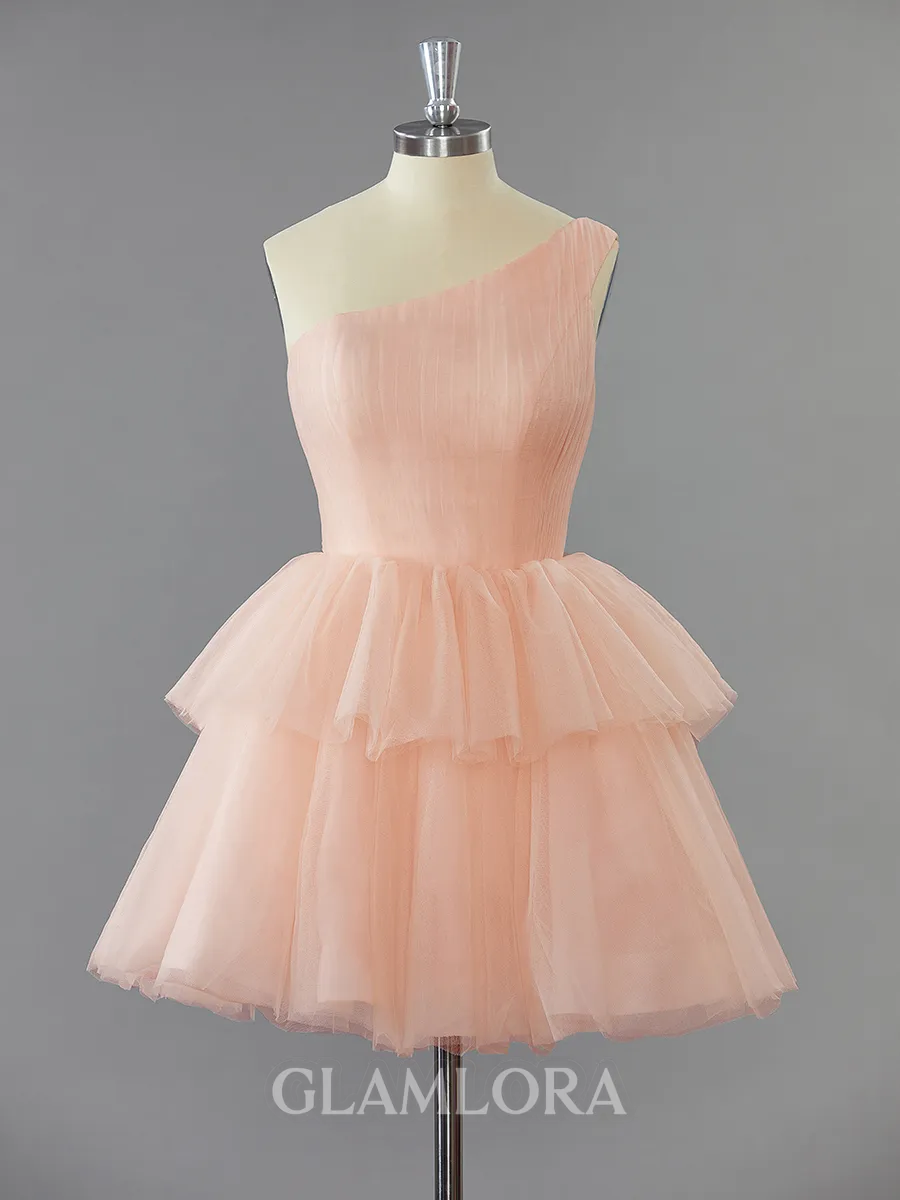 A-line Classy One-Shoulder Tulle Short/Mini Homecoming Dress With Cascading Ruffles