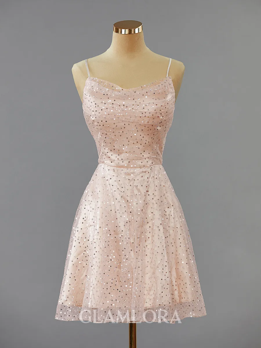 A-line Spaghetti Straps Shining Open Back Short/Mini Homecoming Dress With Sequins