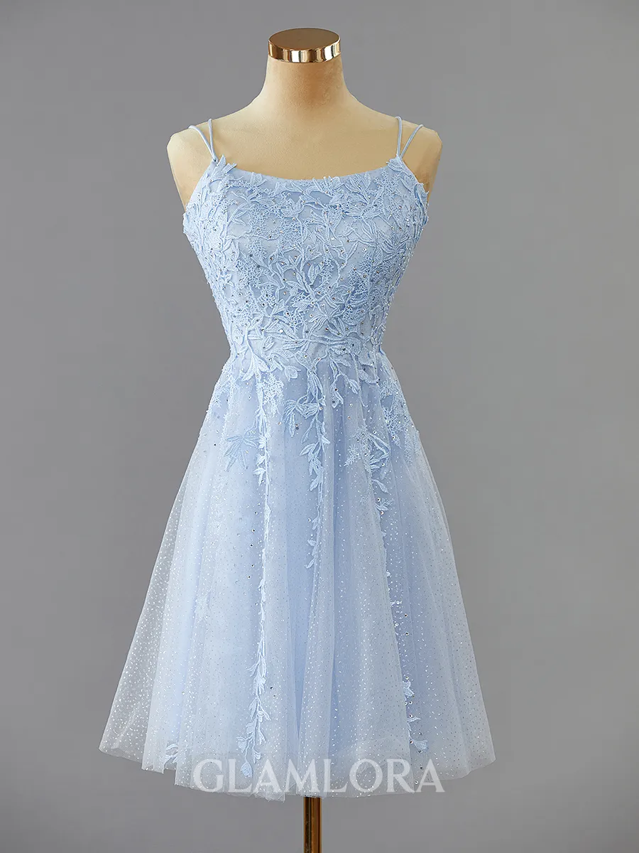 Chic A-line Spaghetti Straps Tulle Short/Mini Homecoming Dress With Appliques Lace