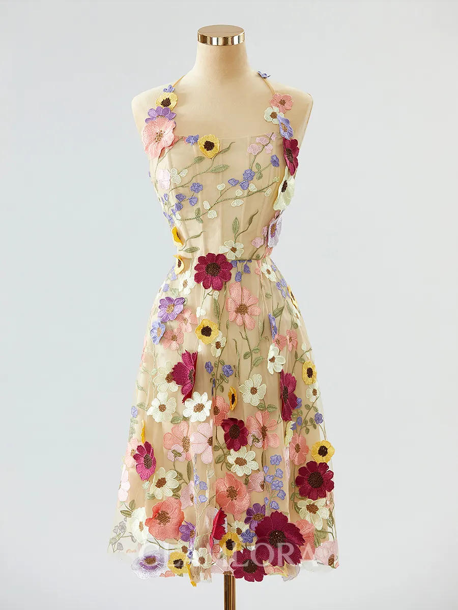 Simple A-line Halter Open Back Tulle Corset Knee-Length Homecoming Dress With Flower