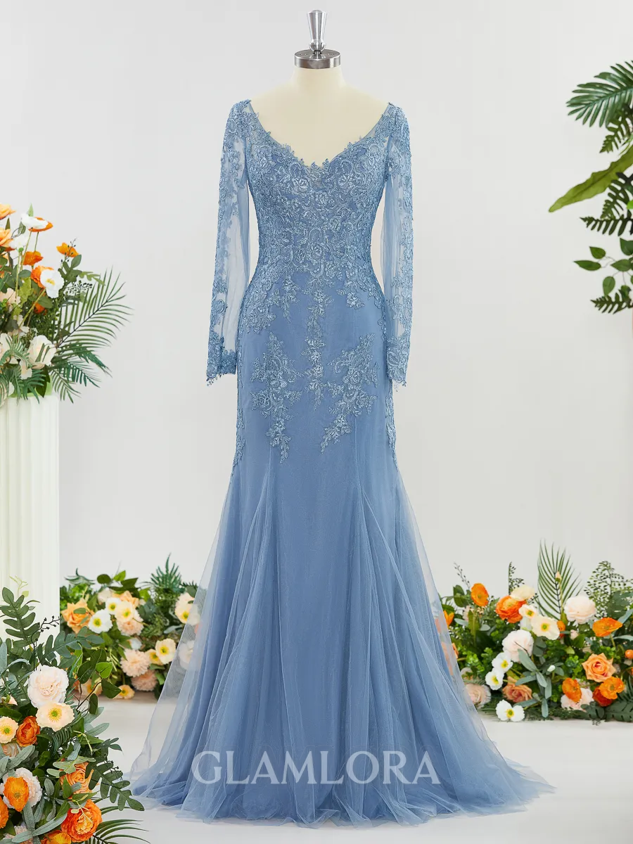 Elegant Sheath/Column V-neck Long Sleeves Sweep Train Tulle Mother of the Bride Dress With Applique