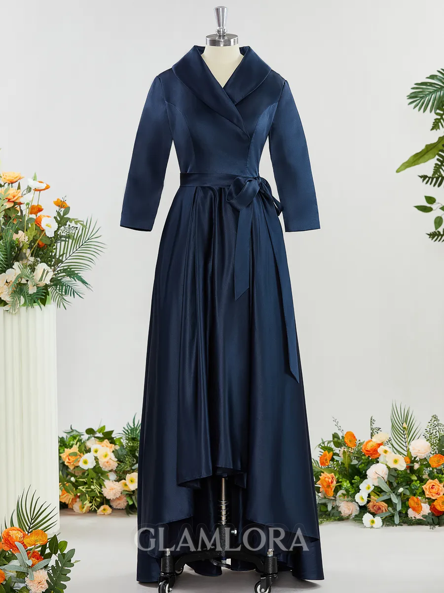 A-line Sophisticated V-neck Long Sleeves Asymmetrical Satin Mother of the Bride Dress With Sash