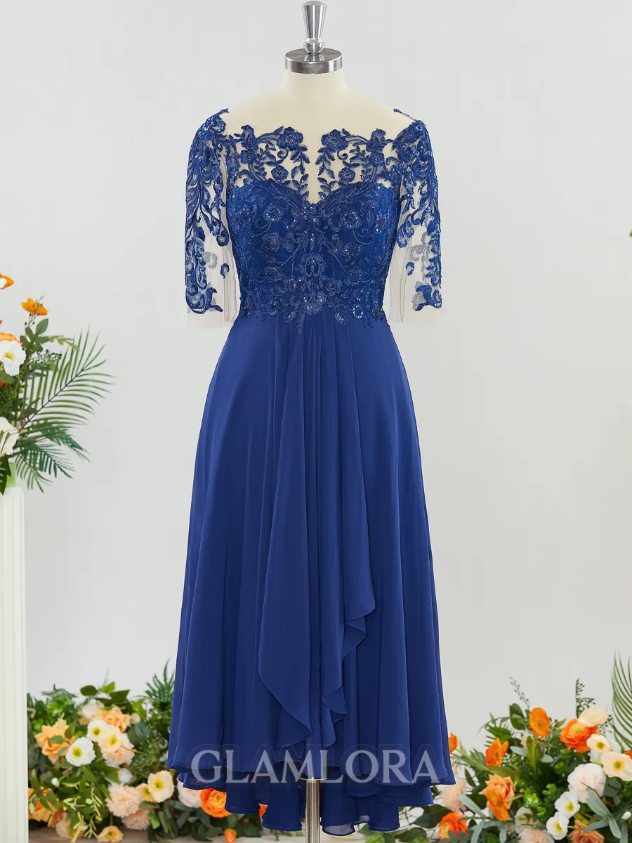 Graceful A-line Bateau 1/2 Sleeves Tea-Length Chiffon Mother of the Bride Dress With Applique