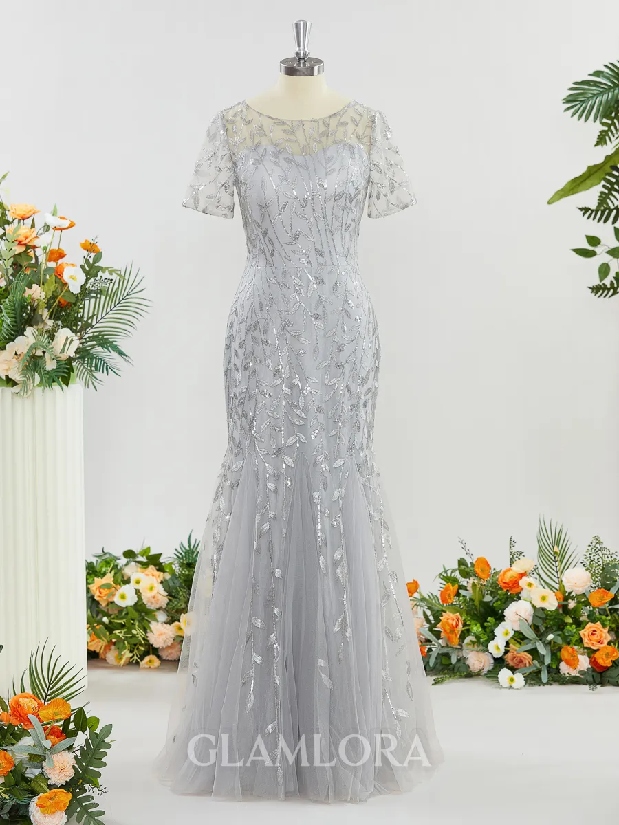 A-line Bateau Regal Short Sleeves Ankle-Length Tulle Mother of the Bride Dress With Sequin